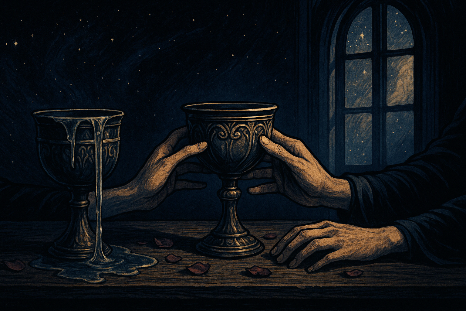 Two ornate cups side by side on a wooden table, one overflowing with clear water, the other shared between two hands reaching toward each other