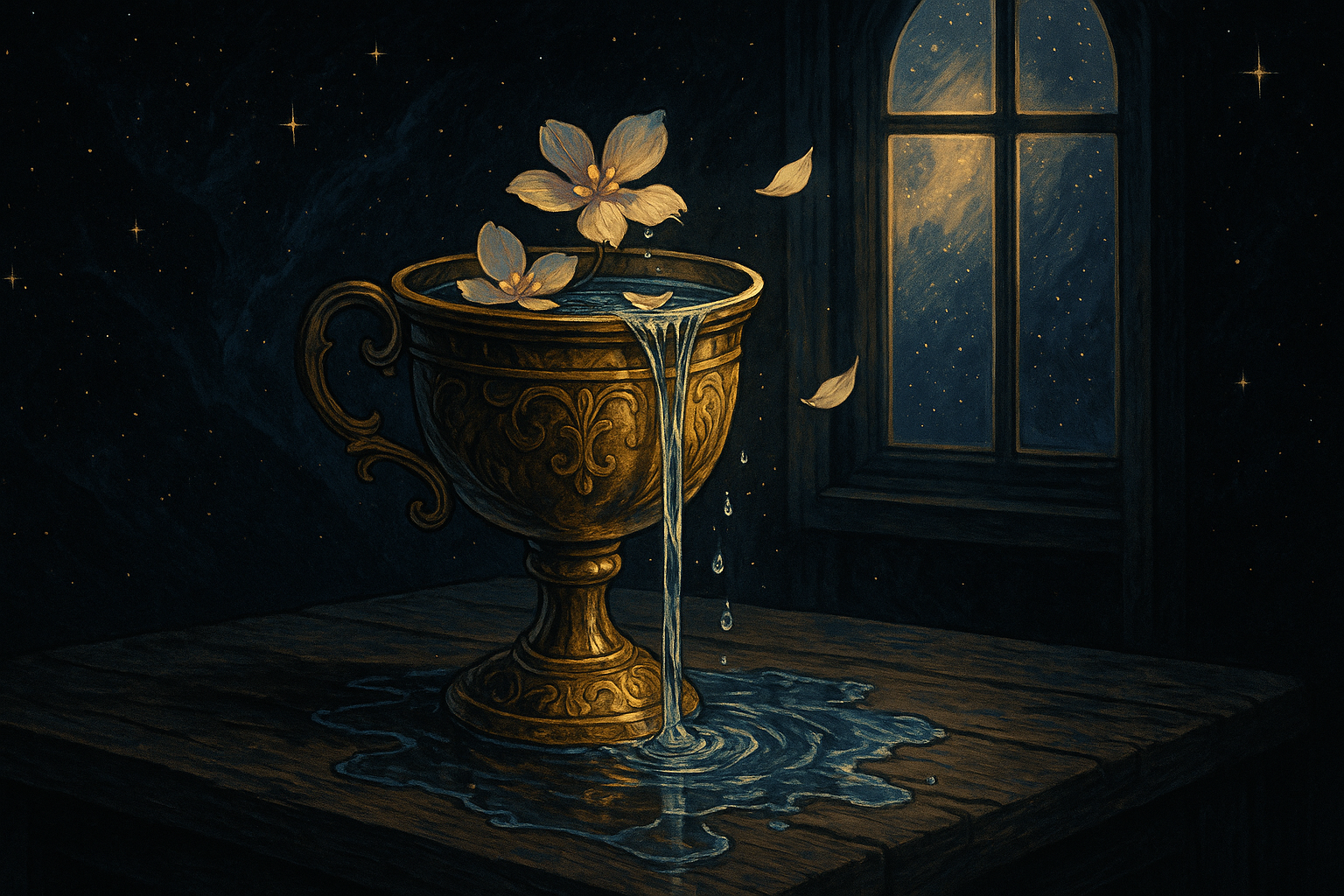 A single ornate cup overflowing with clear water, sitting on a wooden table with soft morning light streaming through a window