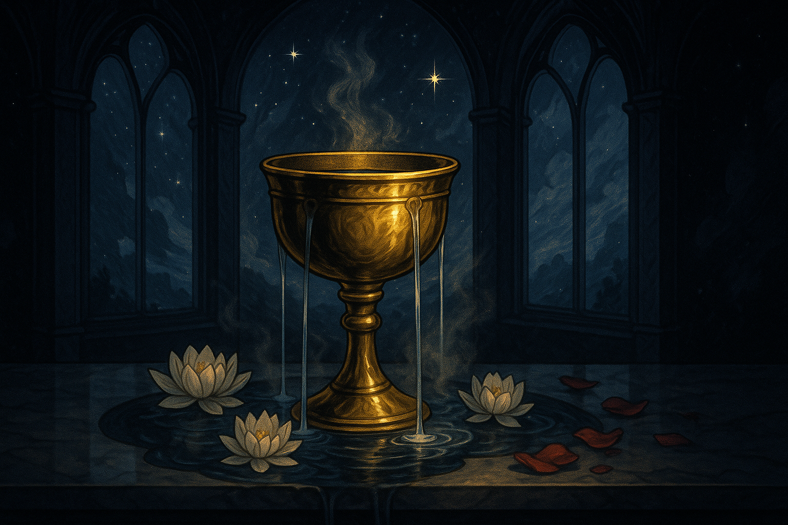 Ornate golden chalice overflowing with clear water, surrounded by white lotus flowers floating on calm water surface