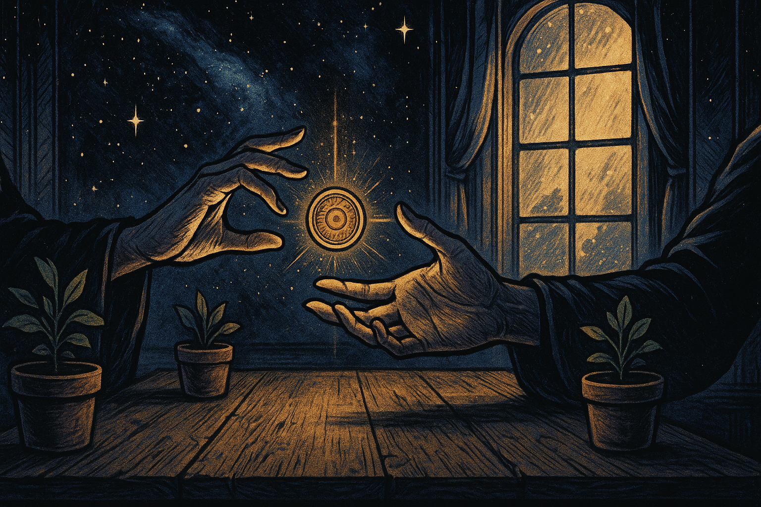 A single golden pentacle coin floating above two hands reaching toward each other, with small green shoots growing from fertile soil below