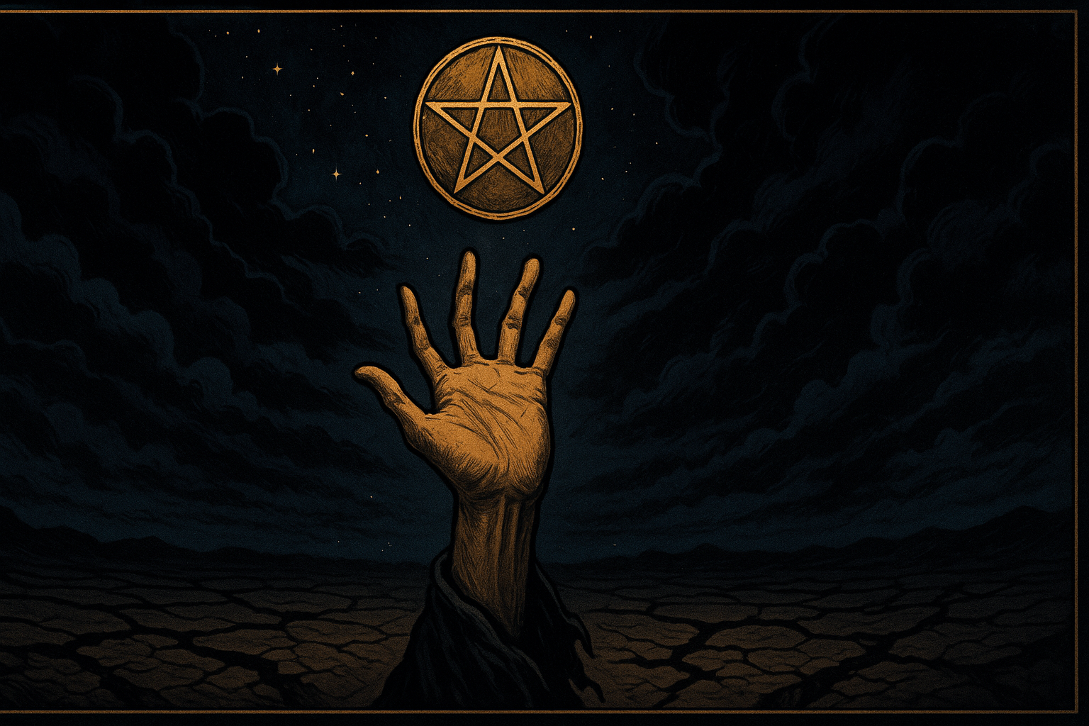 An upside-down golden pentacle coin falling from an open hand against a cloudy sky, representing missed financial opportunities