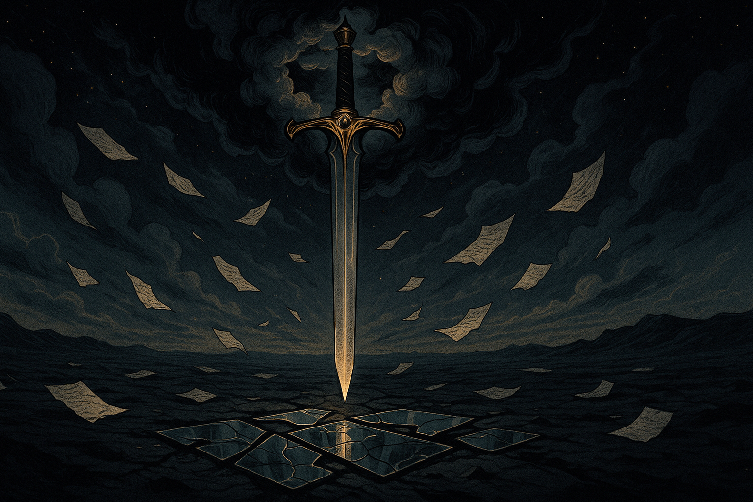 An upside-down sword piercing through thick gray clouds with its blade pointing downward, surrounded by scattered papers and broken glass