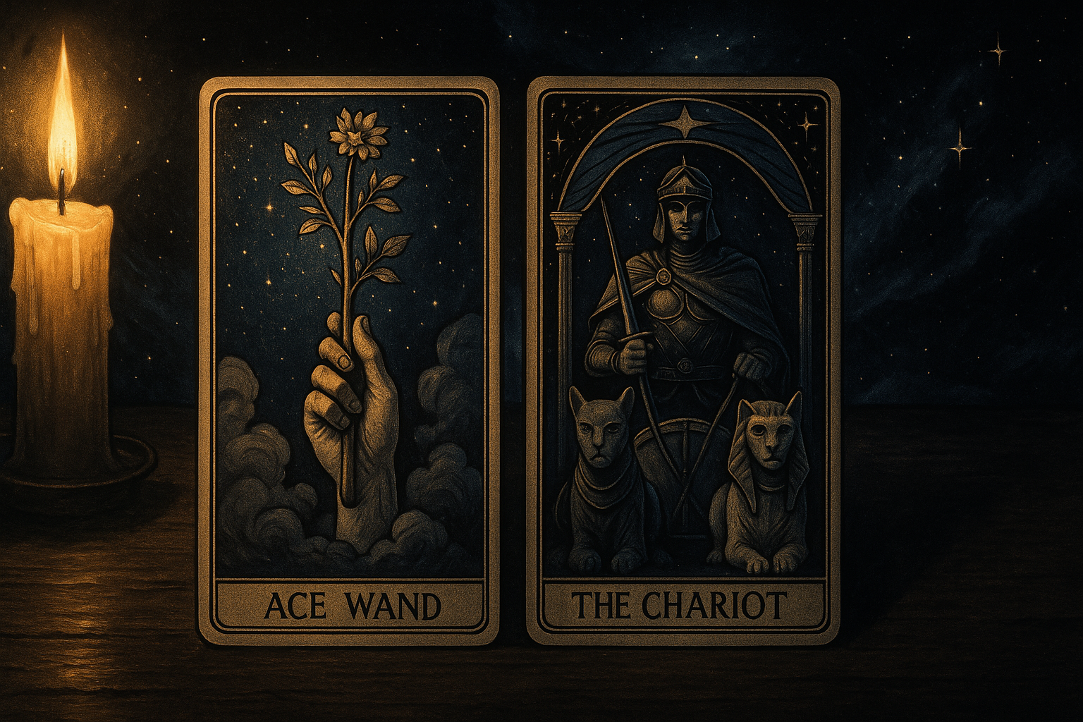 A tarot spread showing the Ace of Wands and The Chariot cards side by side on a reading table