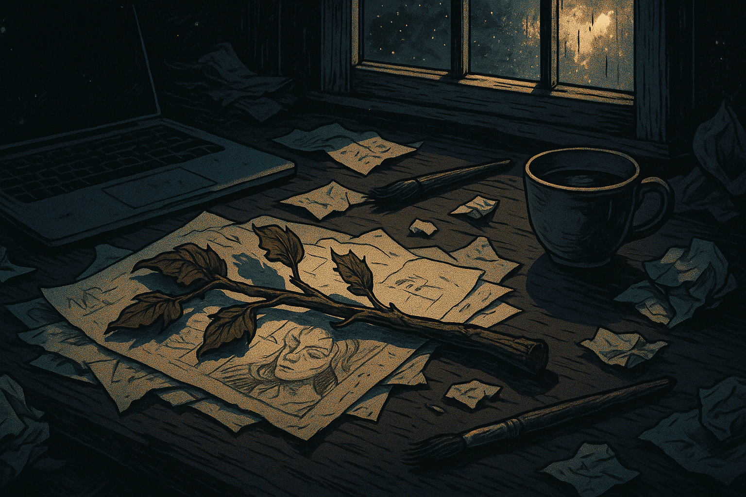 A wand lying on its side with wilted leaves, surrounded by scattered papers and unfinished creative projects