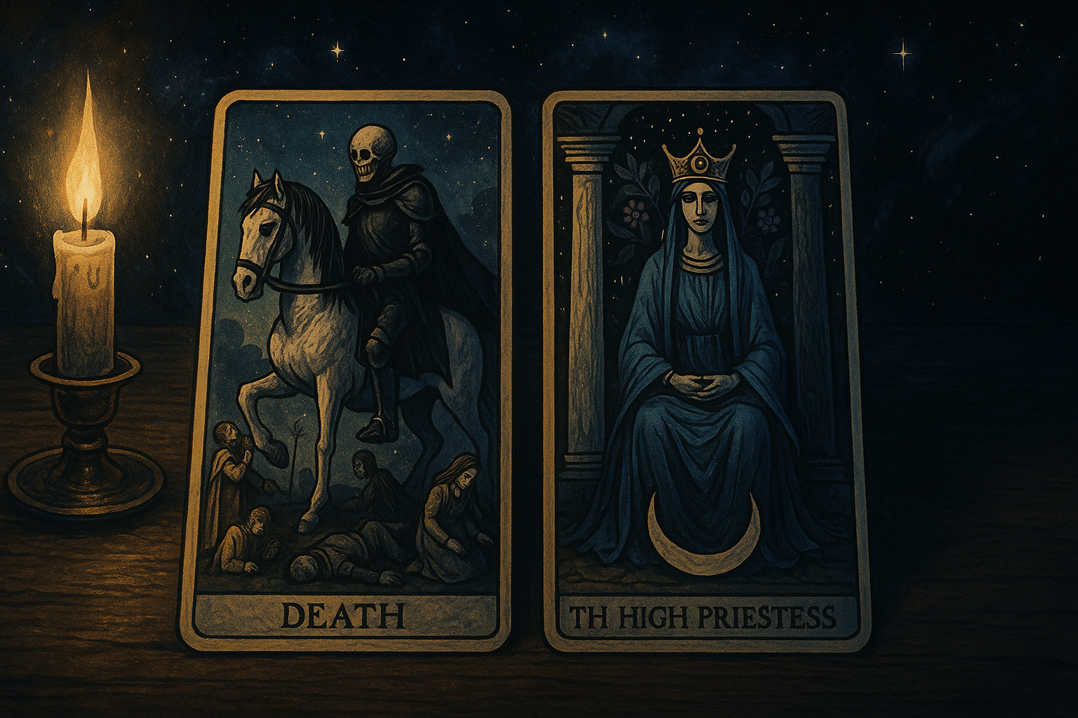 Death tarot card showing a skeleton figure beside The High Priestess card with a robed woman sitting between pillars