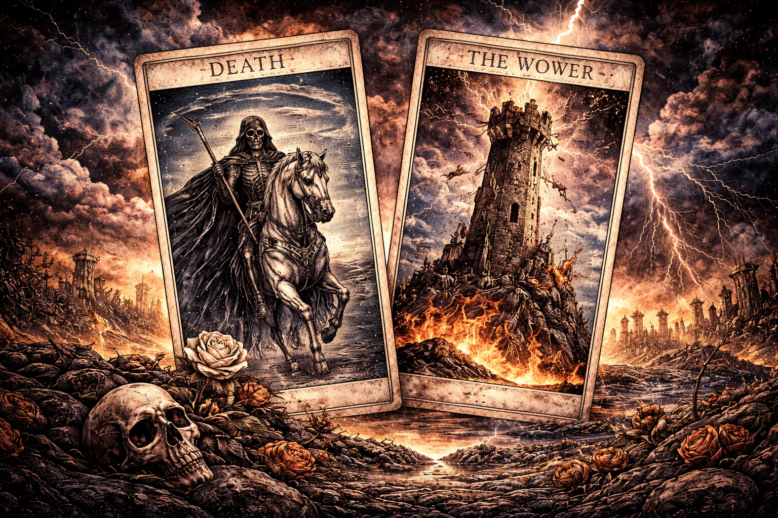 Death and Tower tarot cards overlapping in dark cosmic setting with lightning and transformation imagery