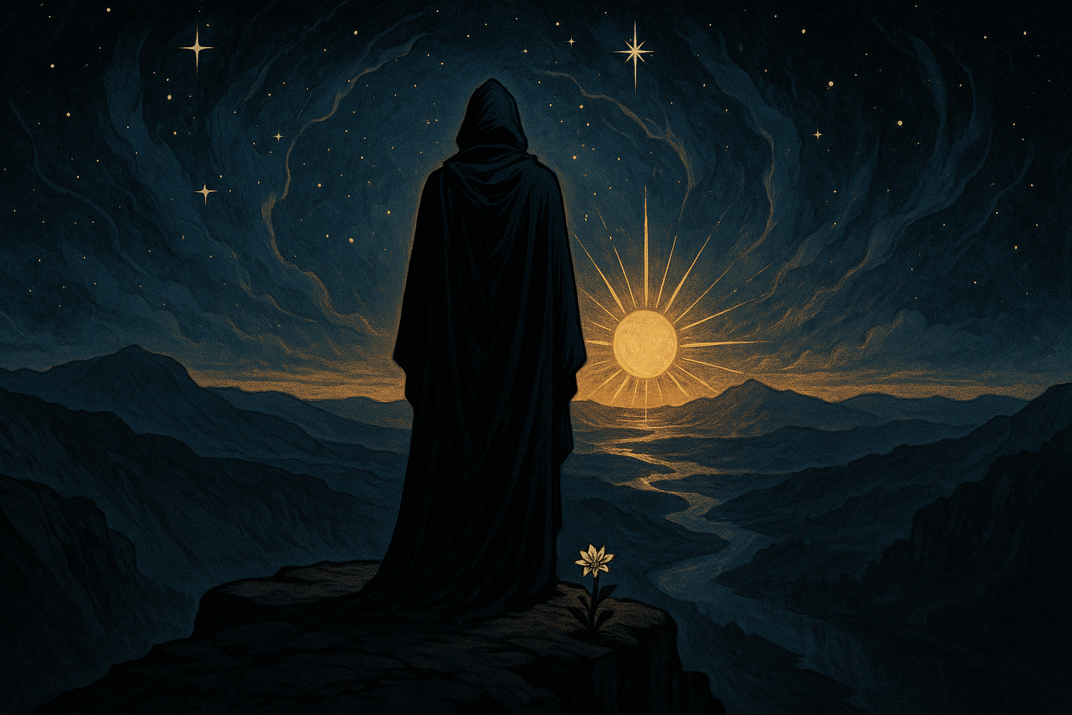 A figure in dark robes standing at a crossroads, representing the Death card as a person who brings transformation and change