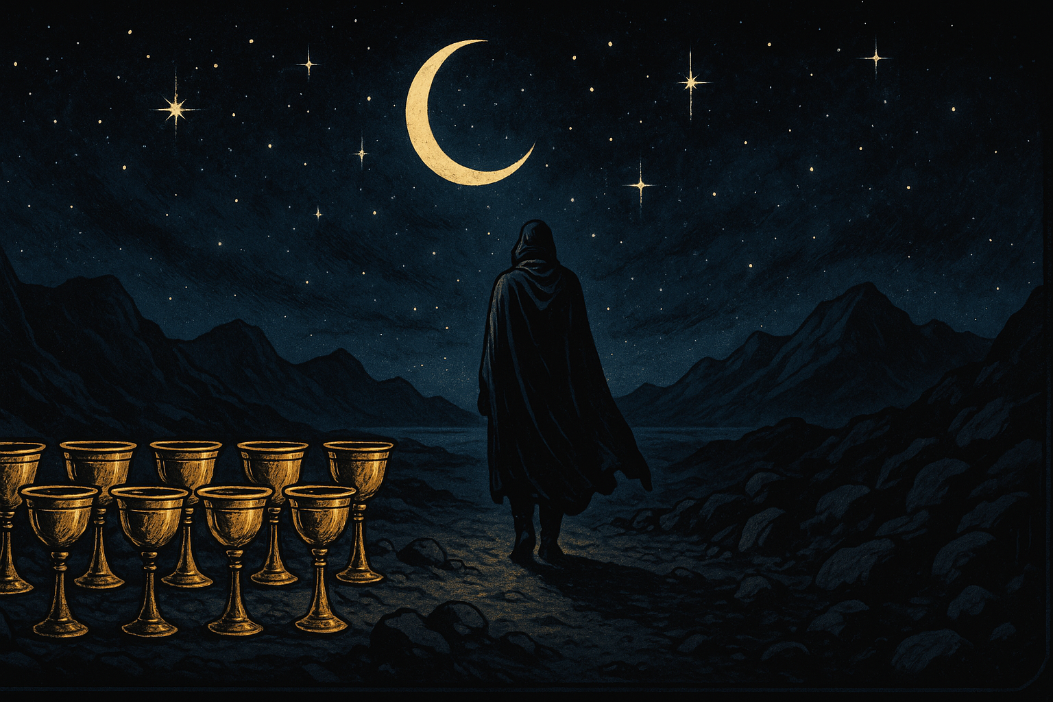 Person walking away from eight golden cups under a crescent moon, leaving behind what no longer serves them
