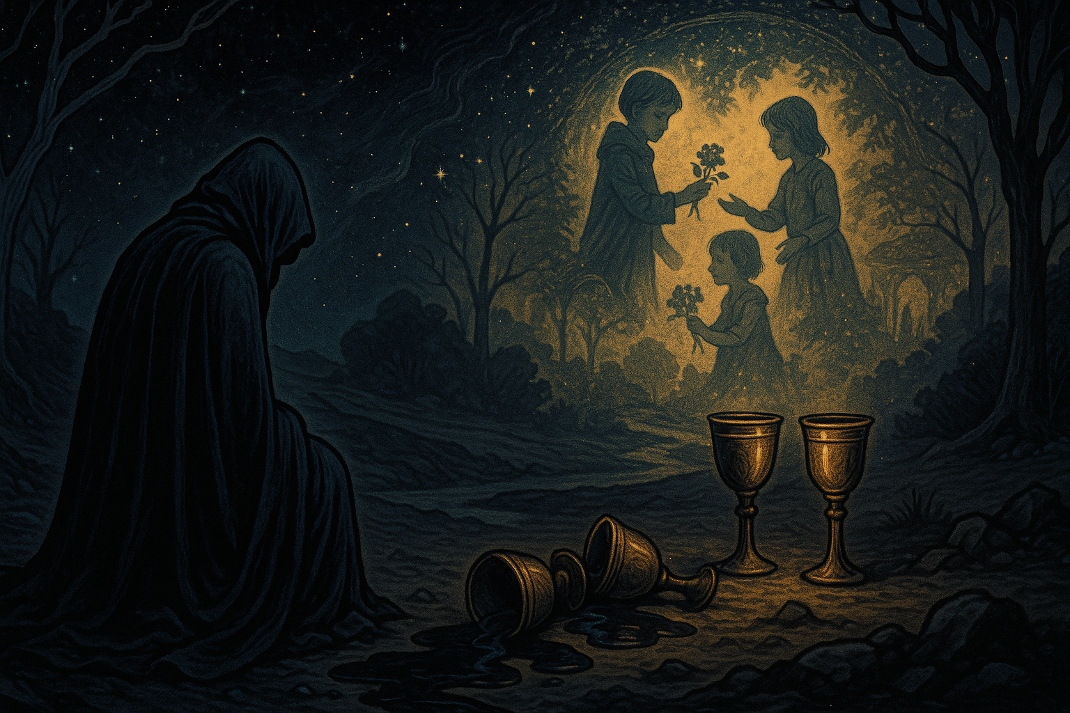 Person sitting by spilled cups looking back at children playing in a garden, blending sorrow with nostalgic memories