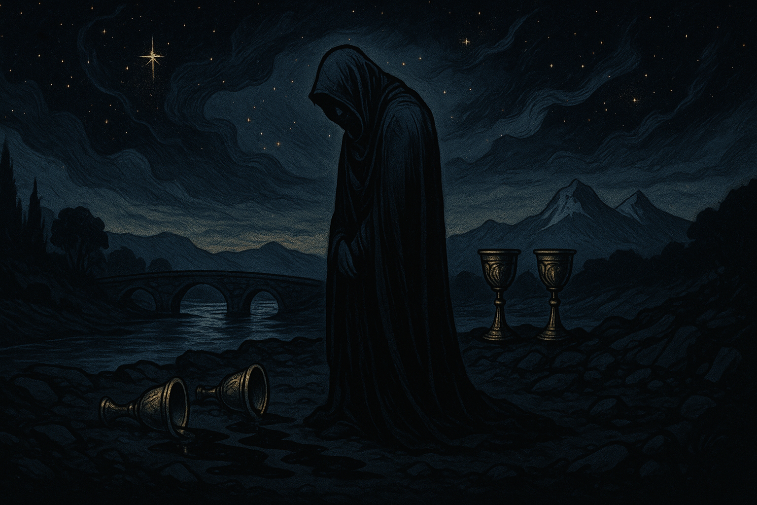 A person in a black cloak standing before three spilled cups, with two upright cups behind them and a bridge in the distance