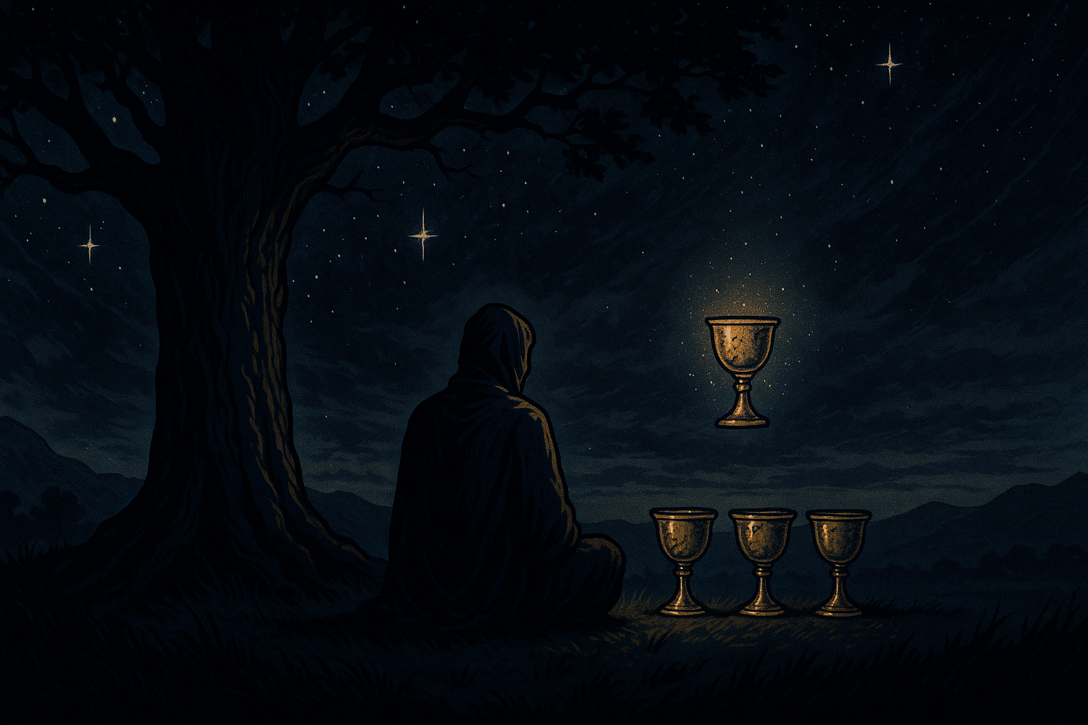 A person sitting under a tree looking away from three cups on the ground, with a fourth cup floating nearby, showing emotional detachment and apathy