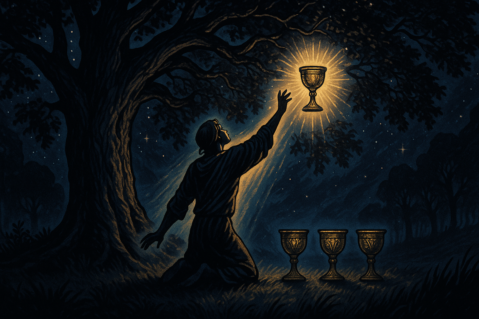 A person standing up from meditation under a tree, reaching toward a glowing cup floating in the air while three other cups sit nearby