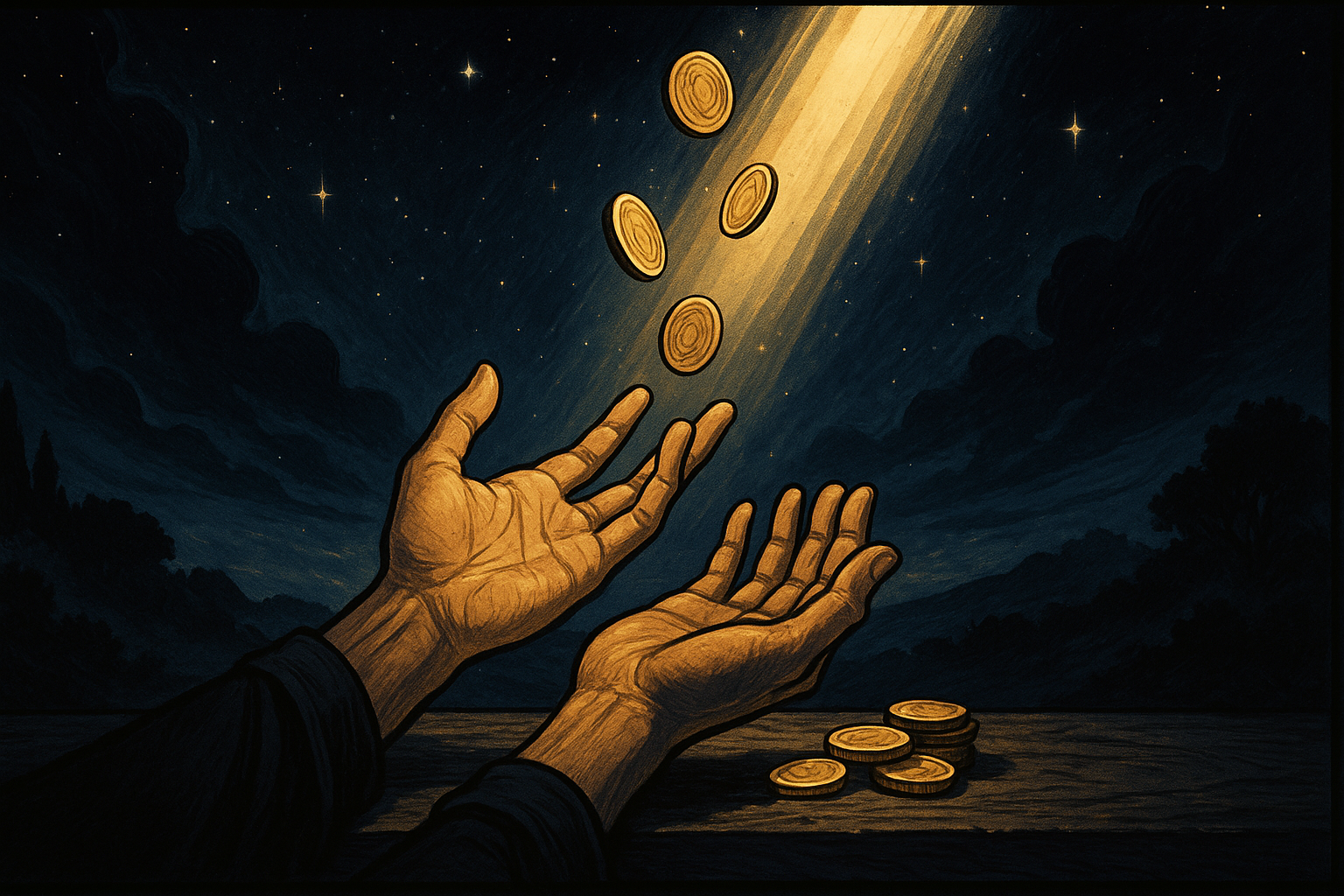 Open hands releasing golden coins that float away into sunlight, symbolizing financial freedom and release of control