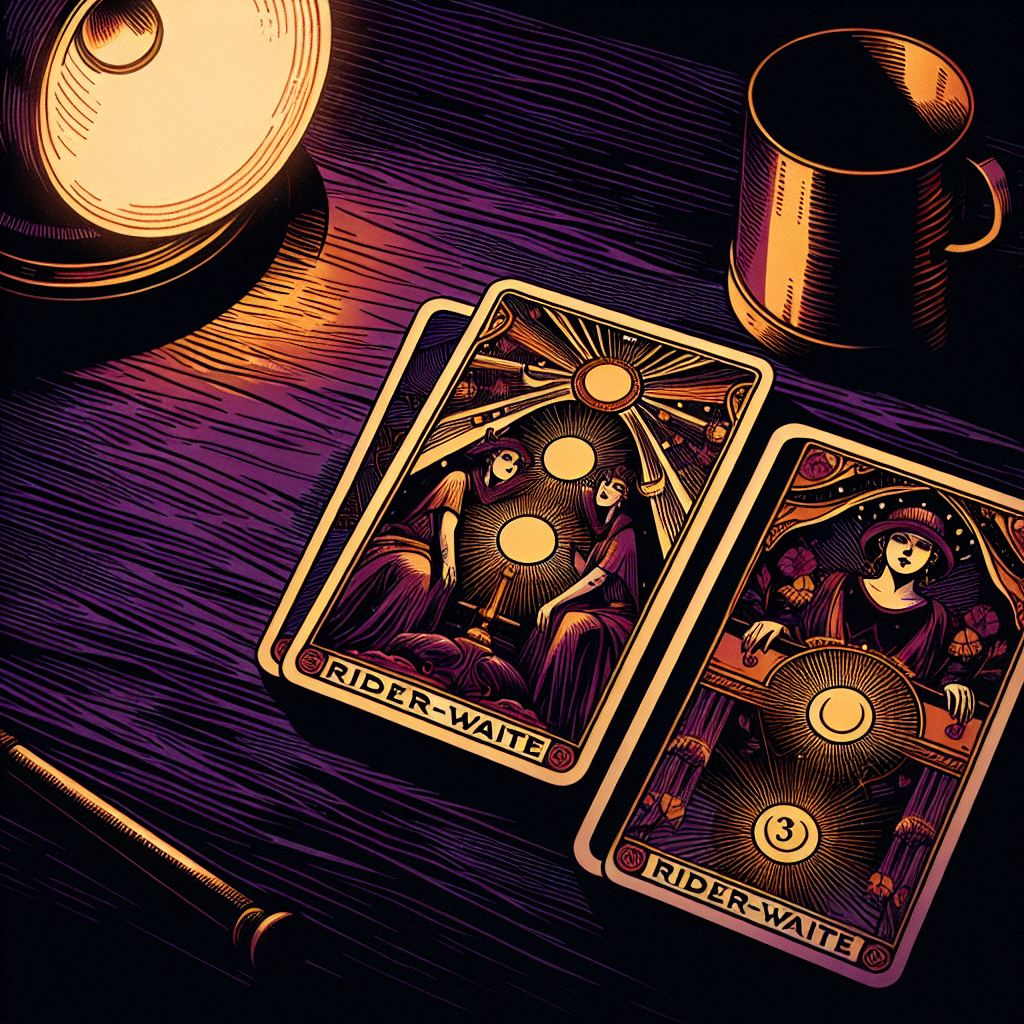 Three tarot cards arranged on a wooden table with soft warm lighting, showing self-reflection theme
