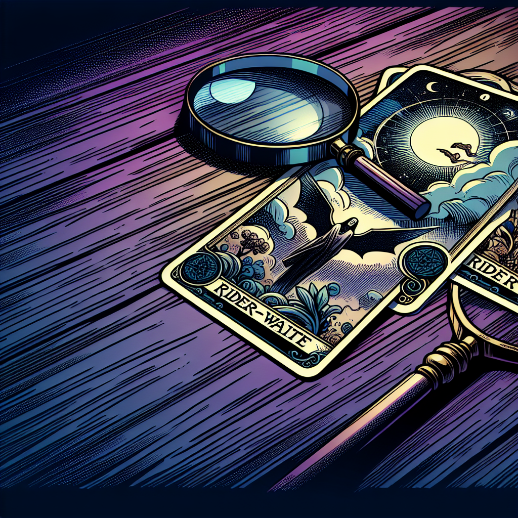 Three tarot cards laid face-up on a dark wooden table with a magnifying glass hovering over the center card, suggesting overthinking and analysis