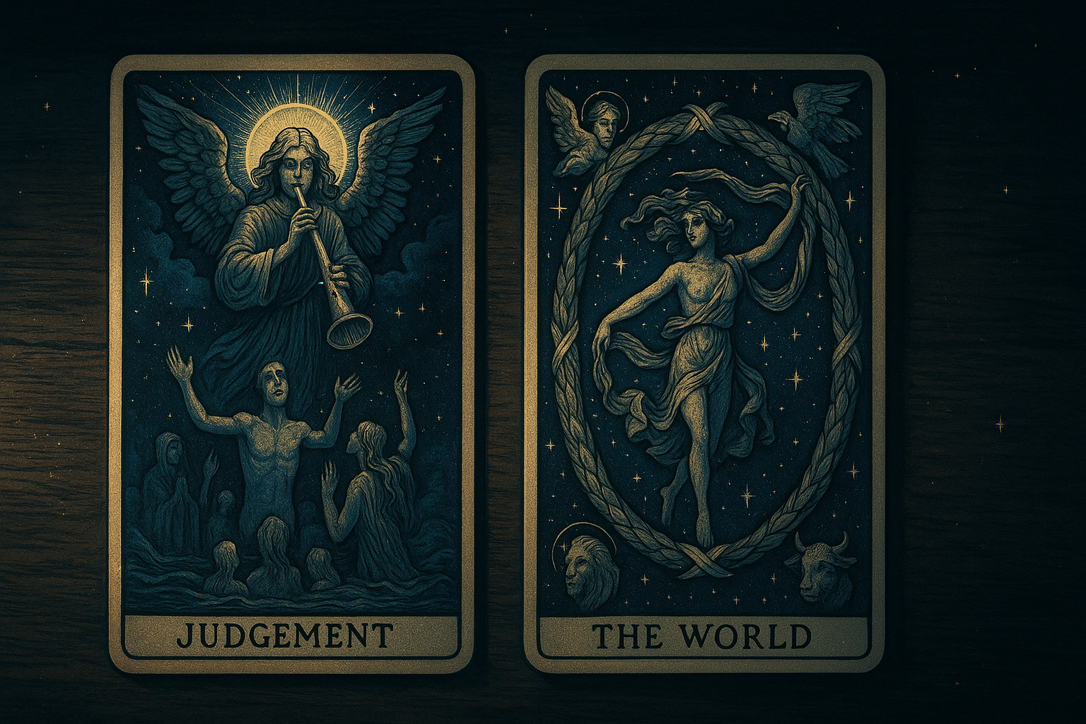 The Judgement and The World tarot cards laid side by side showing transformation and completion