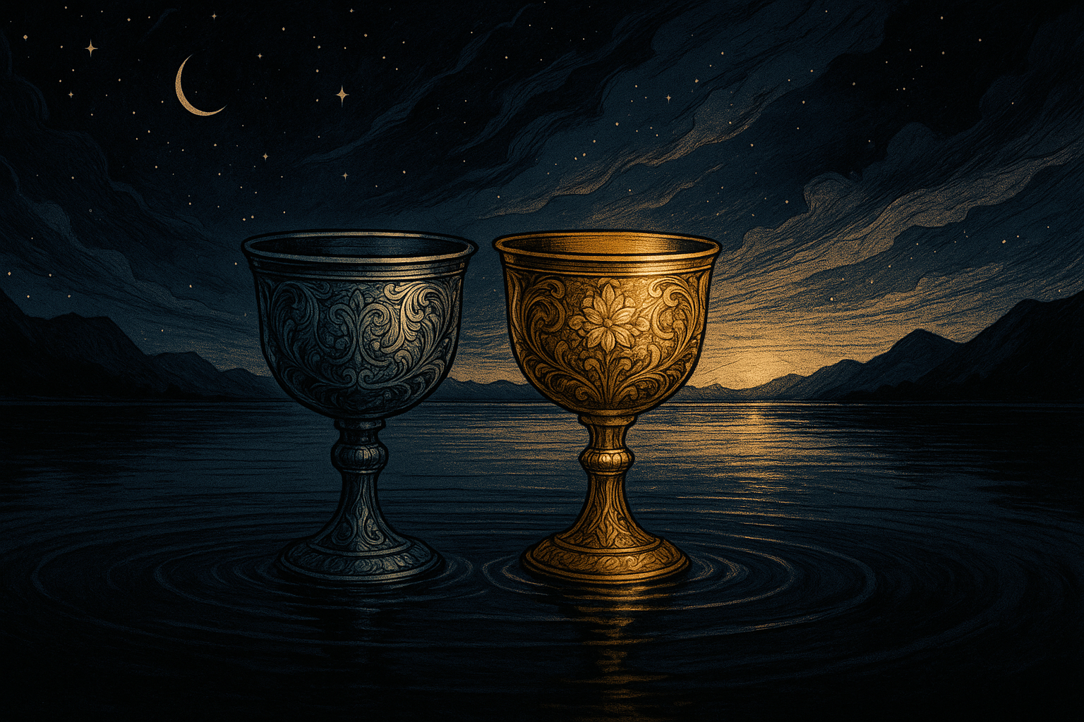 Two ornate chalices side by side on a calm water surface, one silver and one gold, reflecting moonlight and sunlight