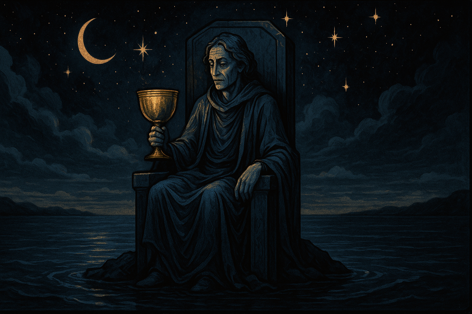 A mature person sitting calmly by water, holding a golden cup, surrounded by gentle waves and a serene blue atmosphere