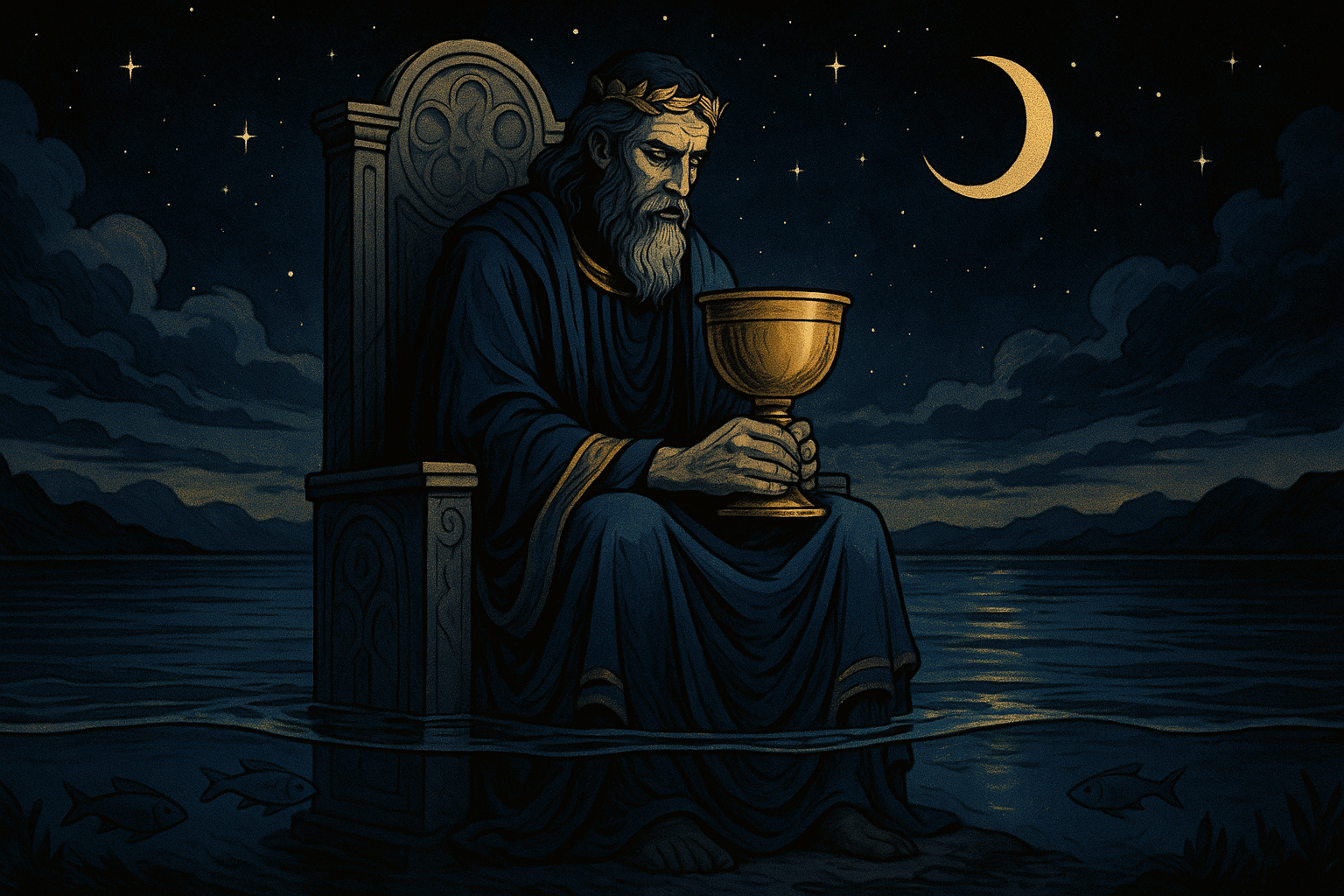 A mature figure in royal robes holding a golden cup, sitting on a throne surrounded by calm water under a peaceful sky