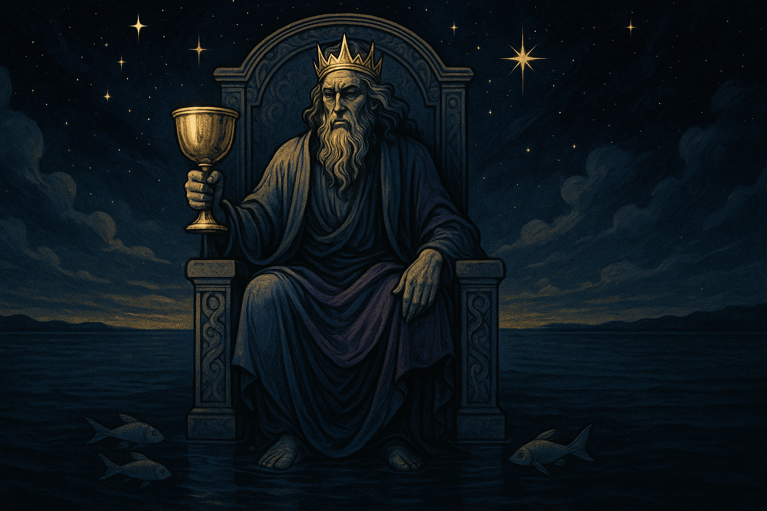 King of Cups tarot card showing a mature figure on a throne holding a golden cup, with calm waters in the background