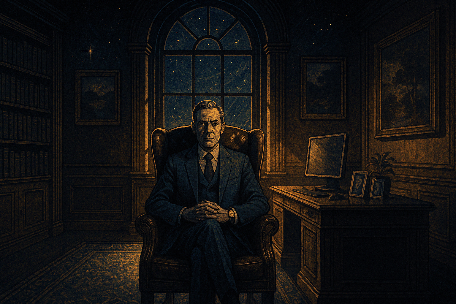 A mature man in expensive clothing sitting confidently in an ornate chair, surrounded by symbols of wealth and success