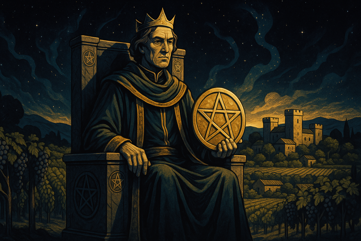 A mature figure in rich robes sitting on an ornate throne decorated with pentacles, holding a golden coin, surrounded by abundant vineyards and stone architecture