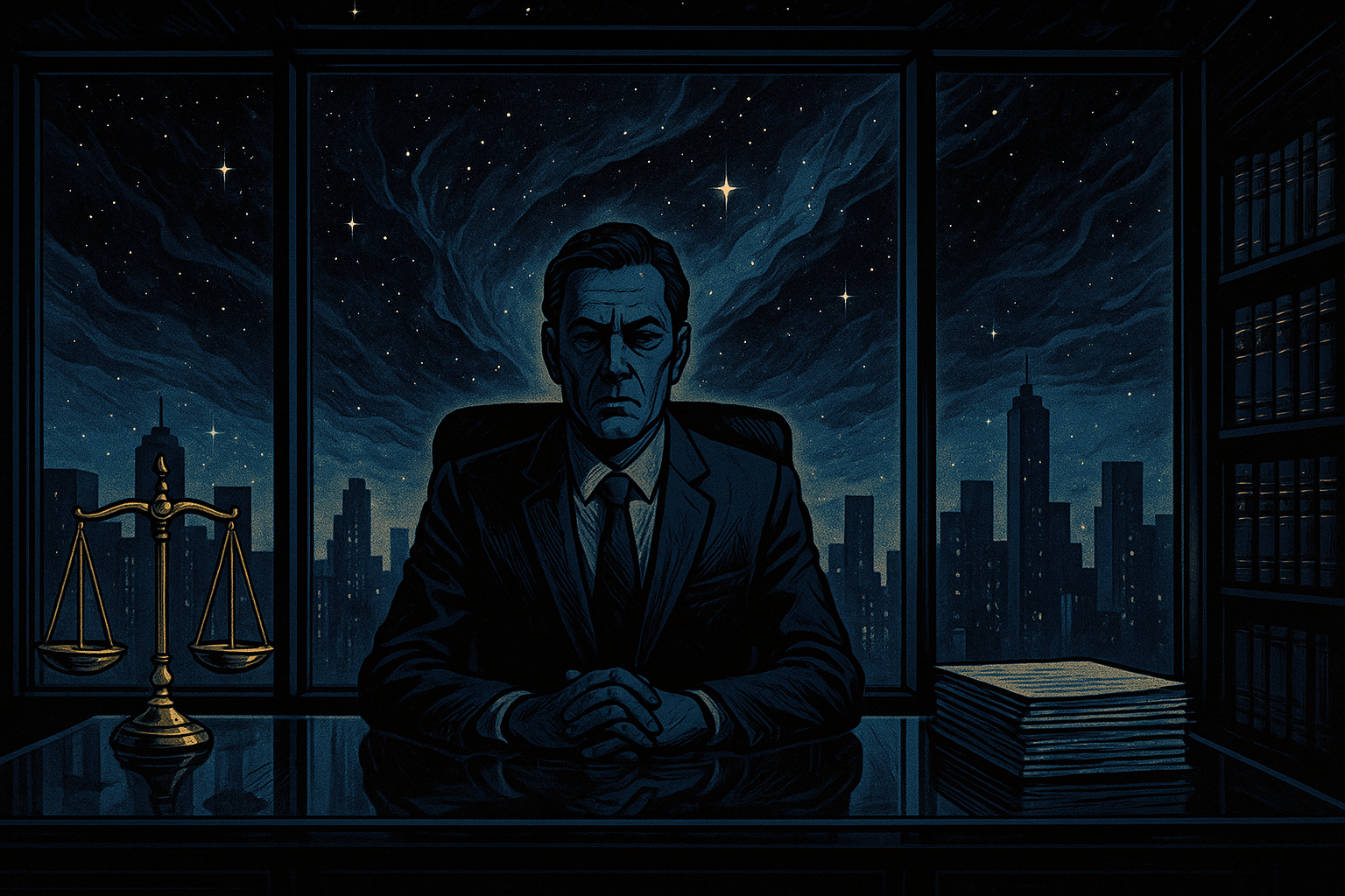 A stern figure in business attire sitting at a glass desk with legal documents, scales of justice visible in the background