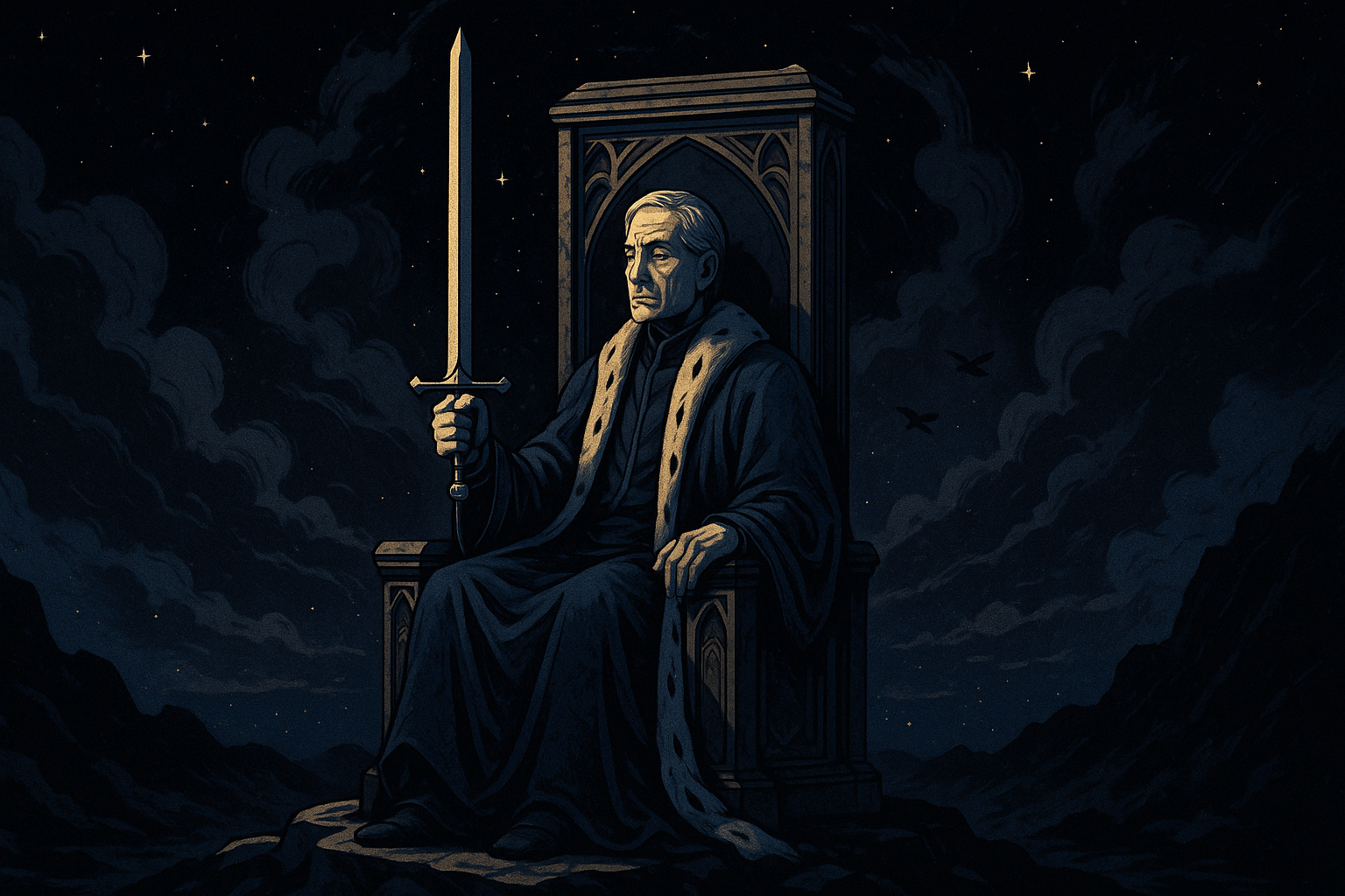 A mature figure in royal robes holding an upright sword while seated on a throne, conveying authority and emotional restraint