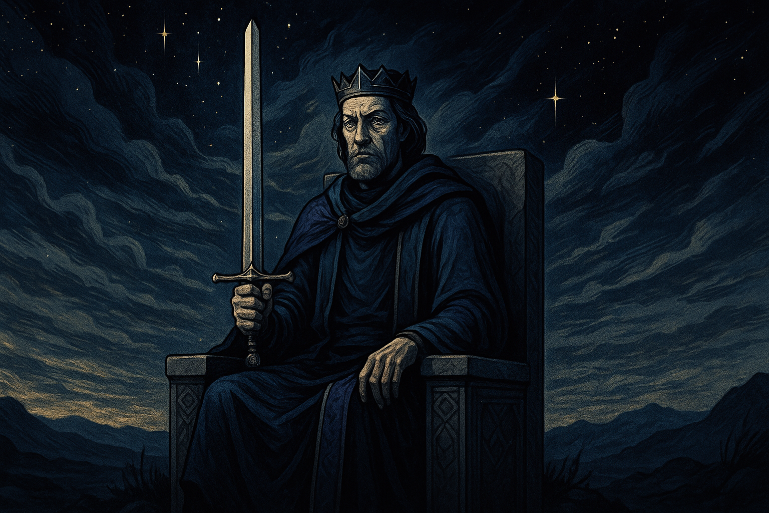 A regal figure in blue robes holding an upright sword, sitting on a stone throne against a cloudy sky, representing authority and emotional detachment