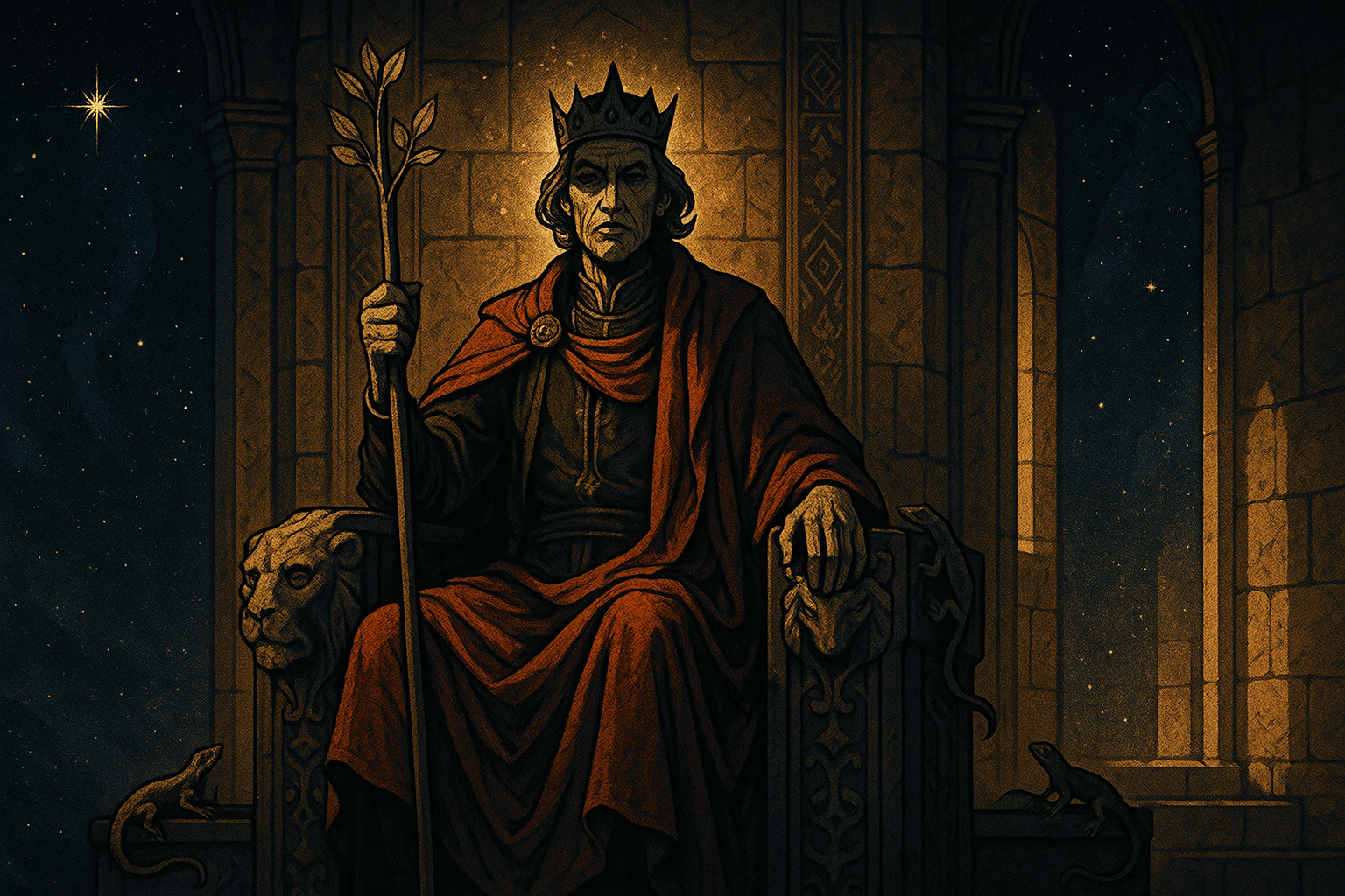 A confident figure in royal robes holding a flowering wand staff, sitting on a throne decorated with lion motifs against a warm golden background