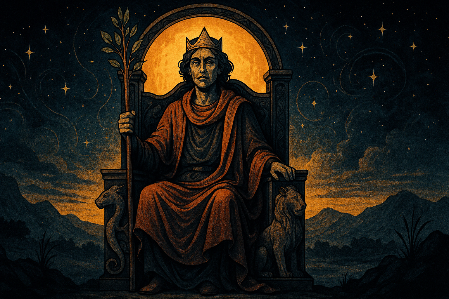 A confident figure in royal robes holding a flowering wand, seated on a throne decorated with salamanders and lions, representing passionate leadership and fiery emotions