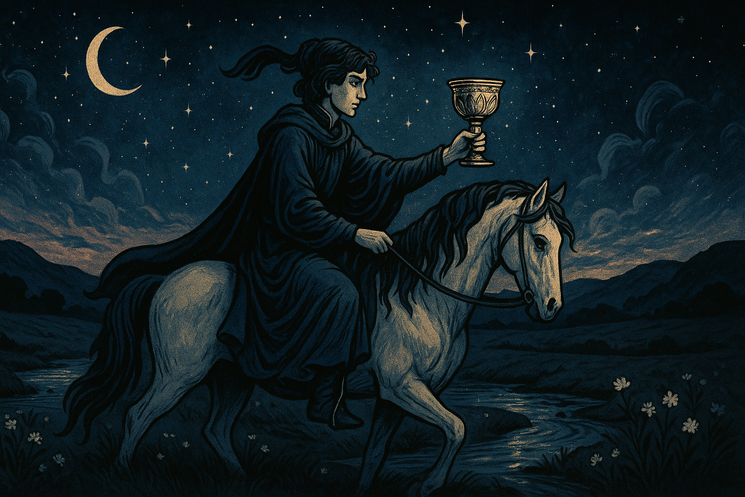 A romantic figure on horseback holding a golden cup, approaching across a flowing landscape with gentle water in the background