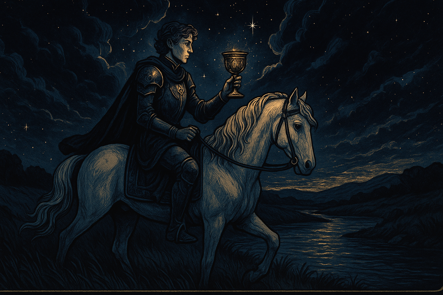 A young knight in silver armor riding a white horse, holding an ornate golden cup, approaching a flowing river under a cloudy sky