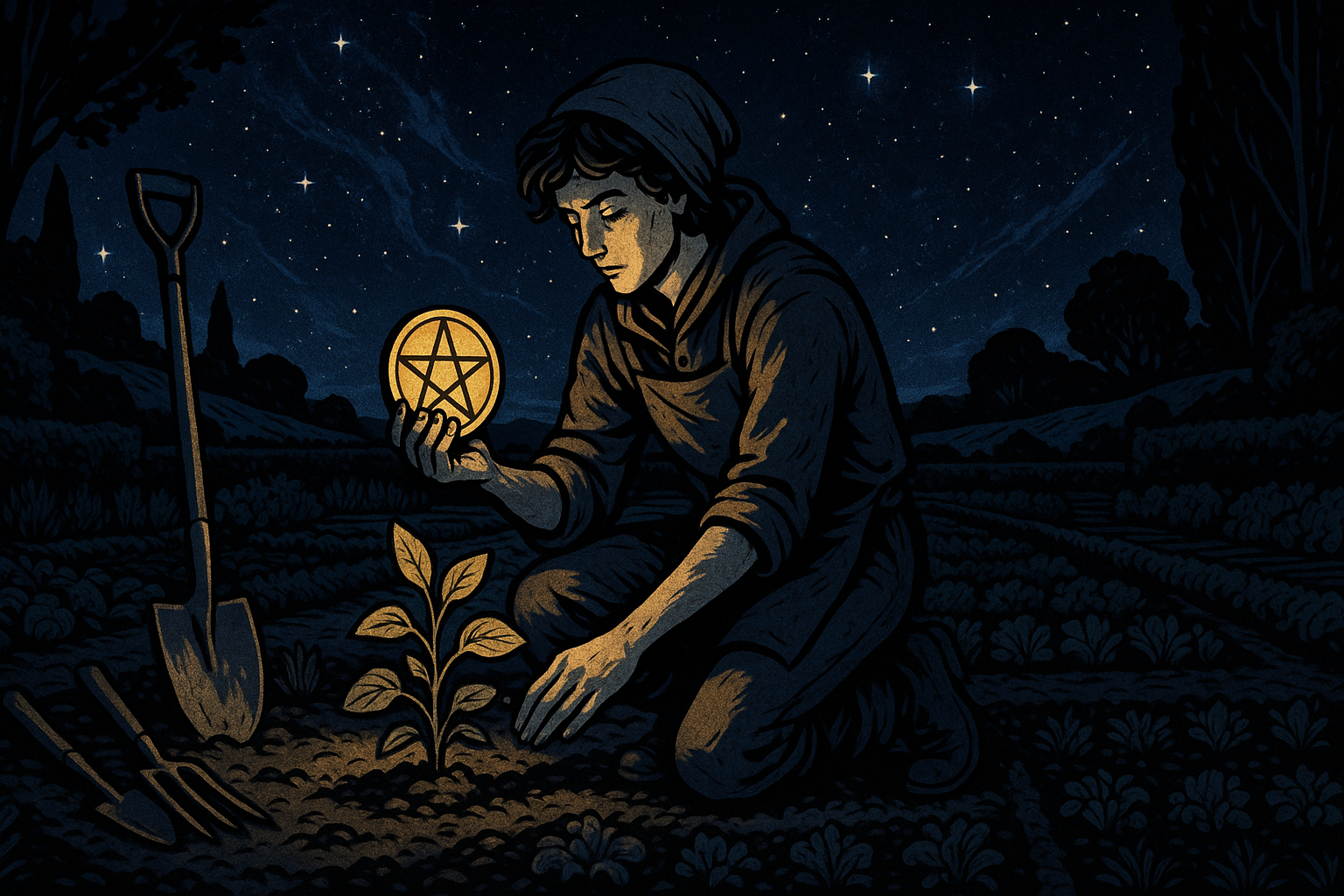 A young person in work clothes carefully tending to a garden, holding a pentacle coin, surrounded by growing plants and tools