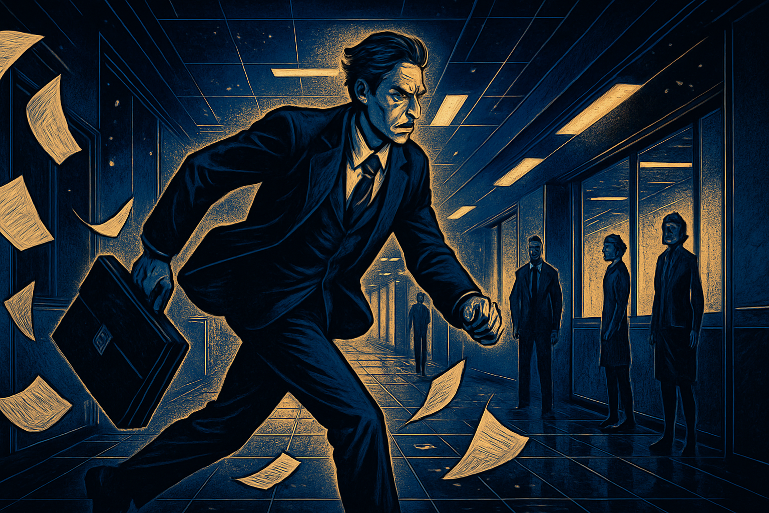 A determined person striding quickly through an office hallway, papers flying behind them, with focused intensity