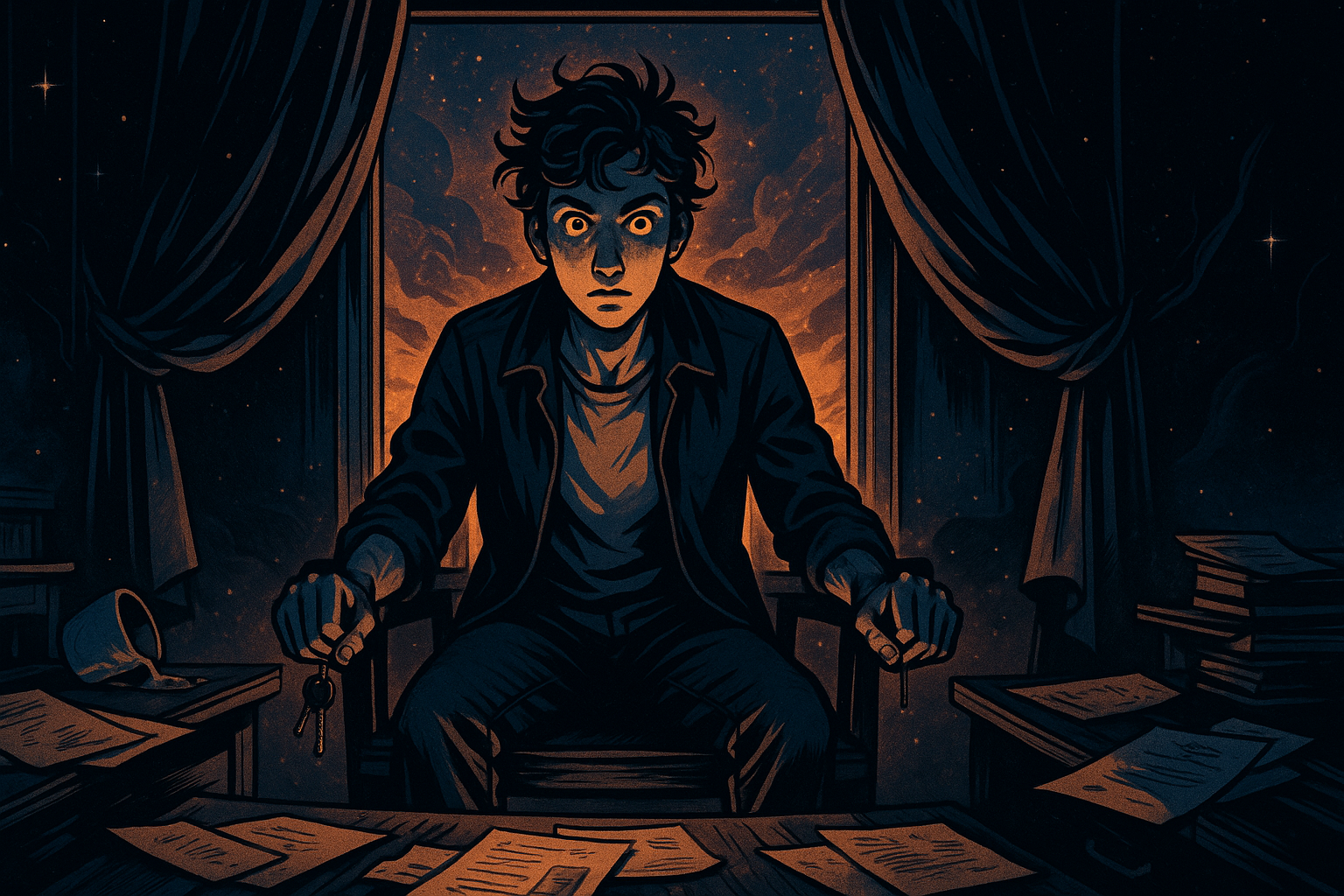 A young person with intense eyes holding reins, surrounded by flames and forward-leaning energy, representing the Knight of Wands personality