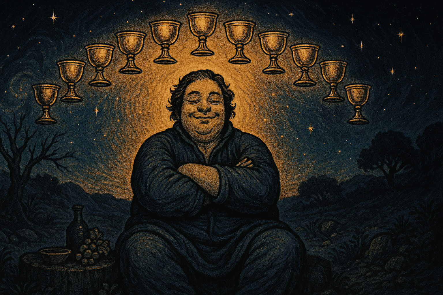 Nine golden cups arranged in an arc above a satisfied figure sitting cross-armed with a gentle smile