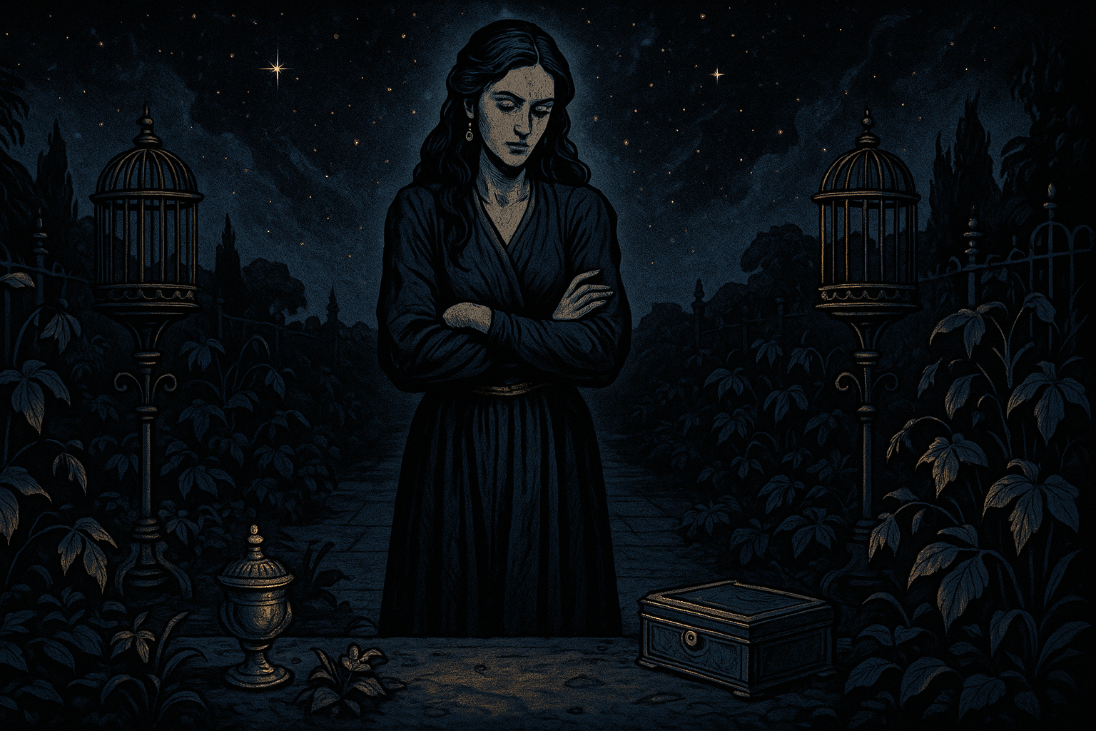 A woman in a luxurious garden looking isolated and concerned, surrounded by wilting plants and empty bird cages