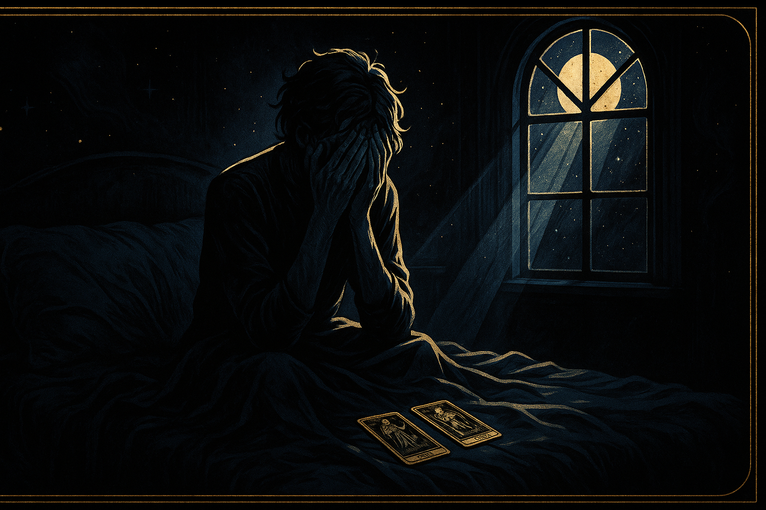 Person sitting up in bed at night with hands covering face, moonlight streaming through window, tarot cards scattered on bedsheets