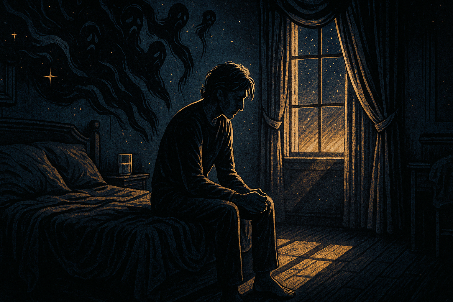 A person sitting up in bed in early morning light, looking relieved as dark clouds begin to clear outside their window
