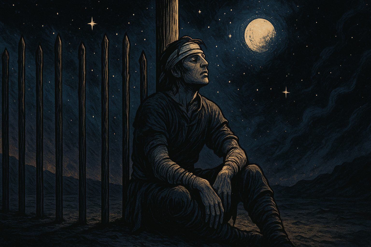 A person sitting slumped against a wooden fence post, looking exhausted with bandages visible, surrounded by eight other tall wooden wands standing upright