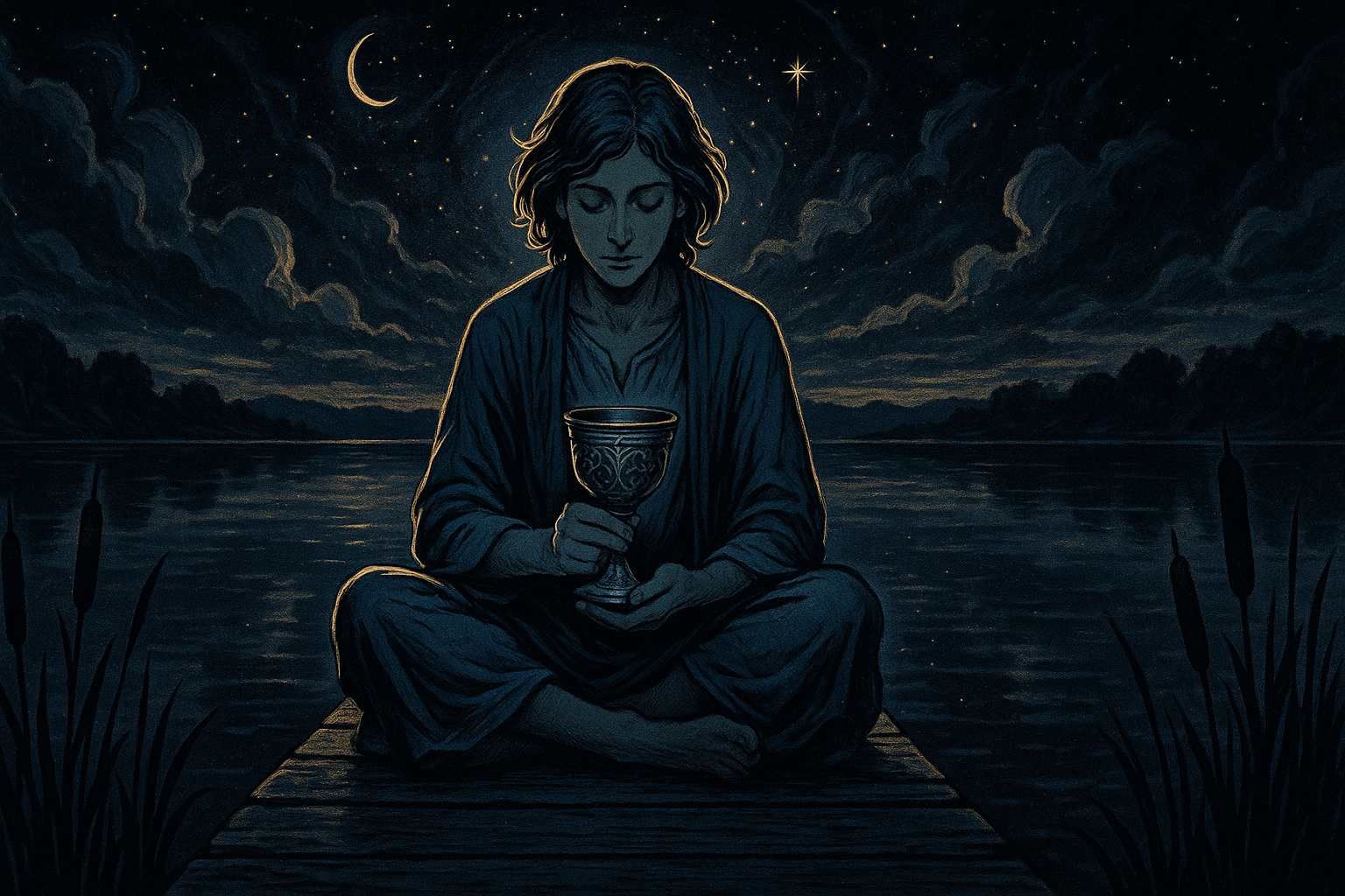 Young person with flowing hair holding an ornate cup, looking thoughtfully at the water inside while sitting by a calm lake