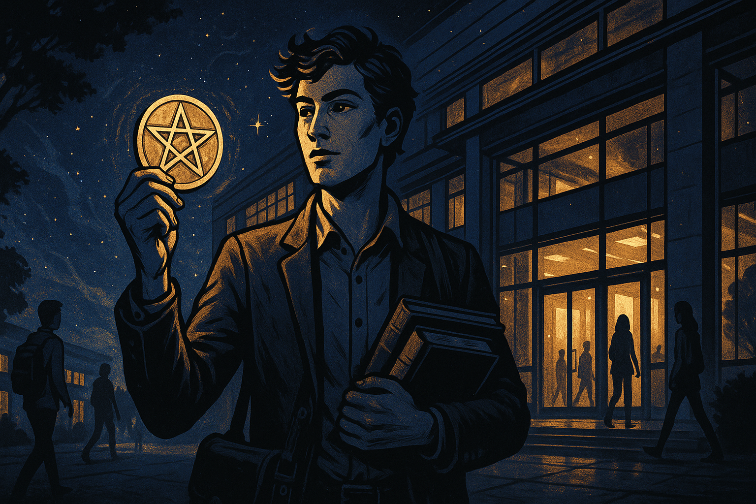 Young person in business casual clothes holding a golden coin, standing in front of a university or office building with books and a laptop nearby