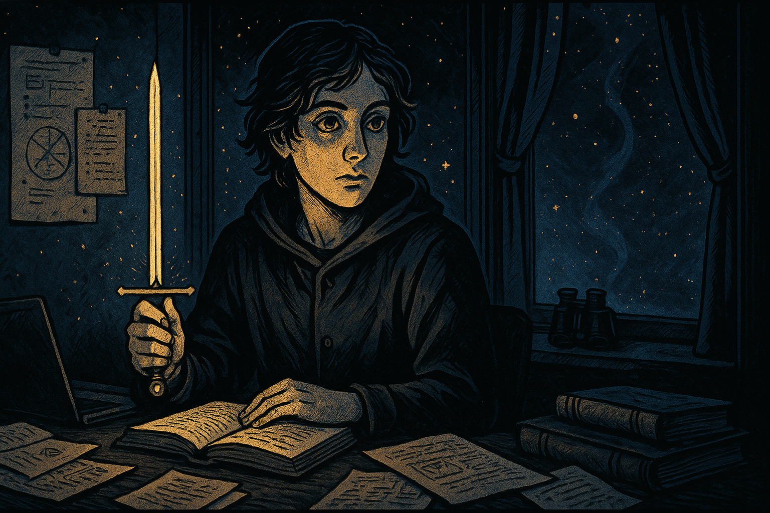 Young person with alert expression holding a sword upright, surrounded by books and papers, representing the Page of Swords personality