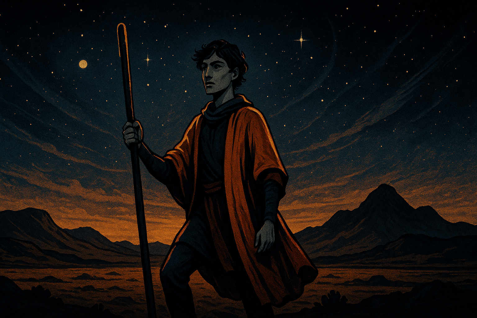 Young person holding a tall wooden staff, standing in a desert landscape with mountains in the distance, wearing colorful robes and looking eagerly toward the horizon