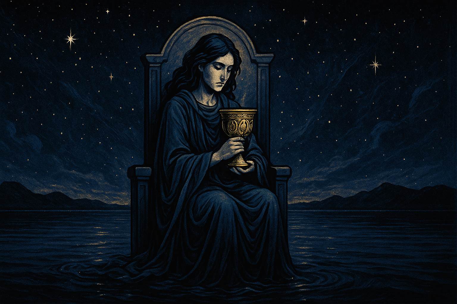 A serene woman with dark hair sitting by calm water, holding an ornate golden cup, surrounded by soft blue and silver tones