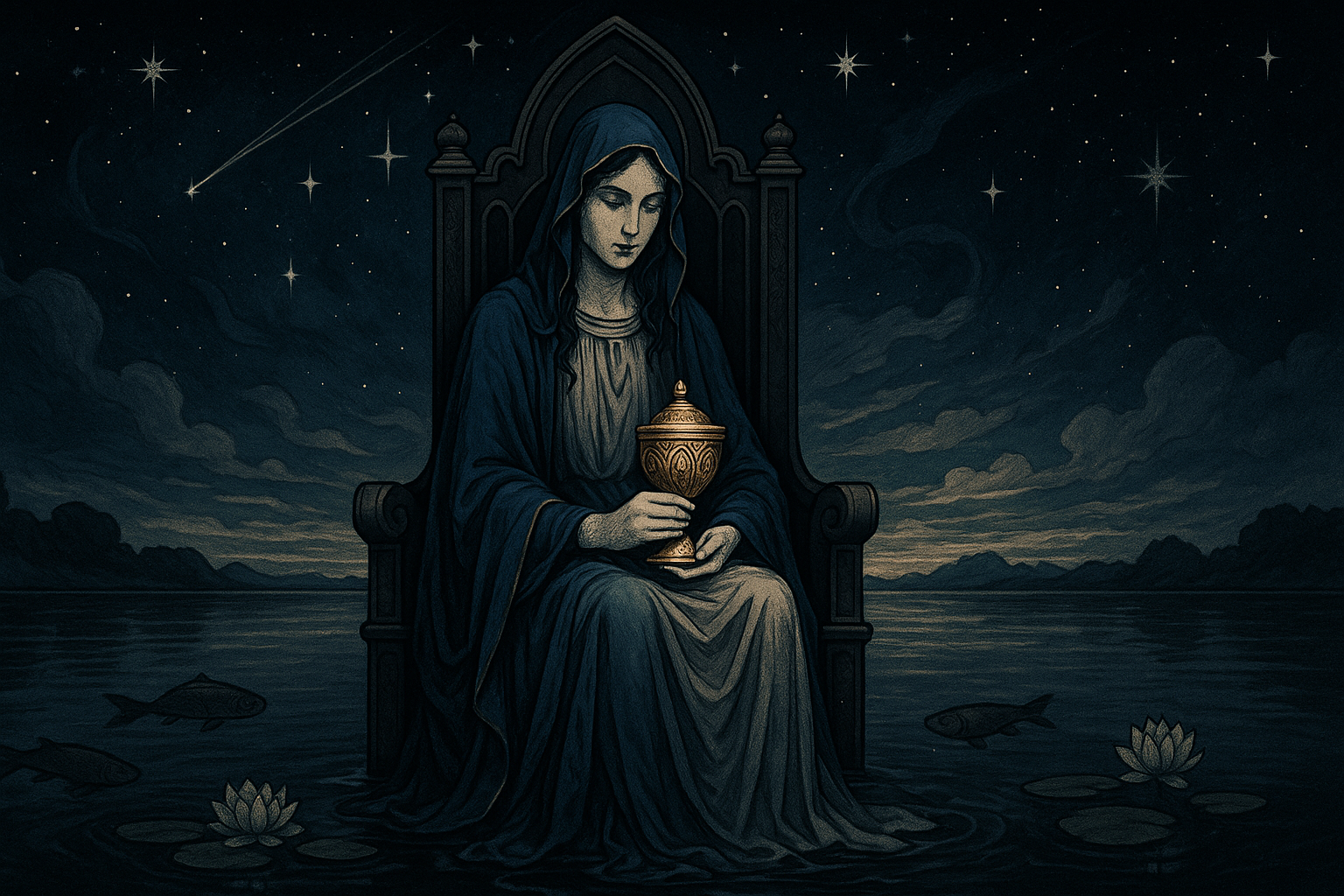 A nurturing woman in flowing robes sits on a throne by calm water, holding an ornate cup, representing deep emotional care and intuition