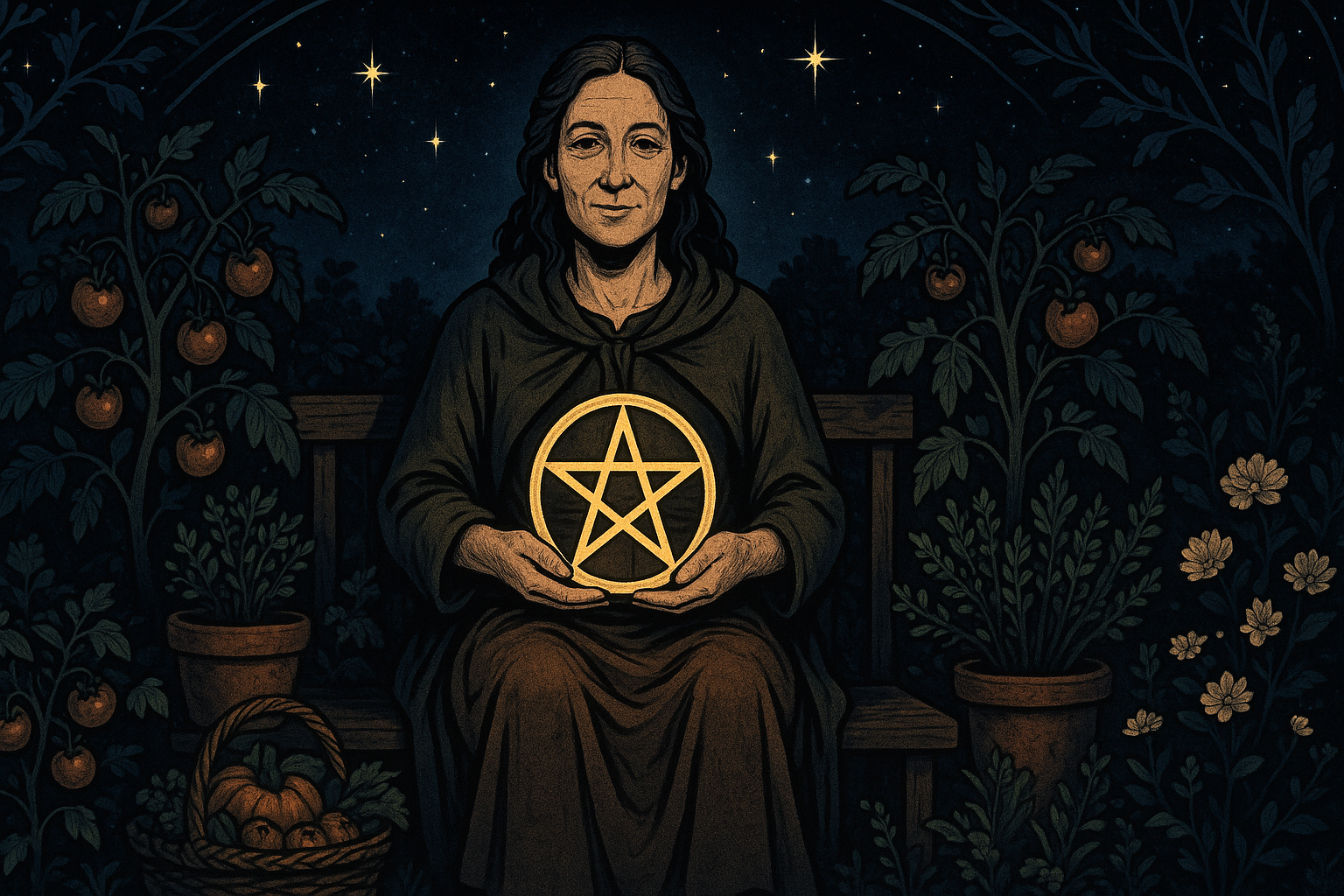 A woman in earth-toned clothing sitting in a garden, holding a golden coin, surrounded by flowering plants and fresh vegetables