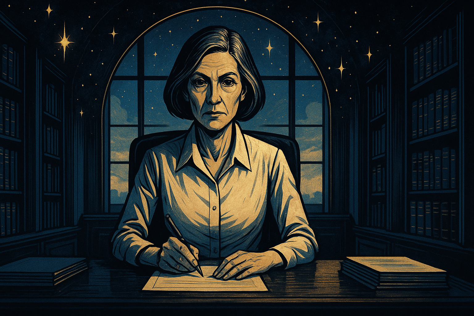 A mature woman with short silver hair sitting at a desk, looking directly forward with a calm but penetrating gaze, wearing professional clothing