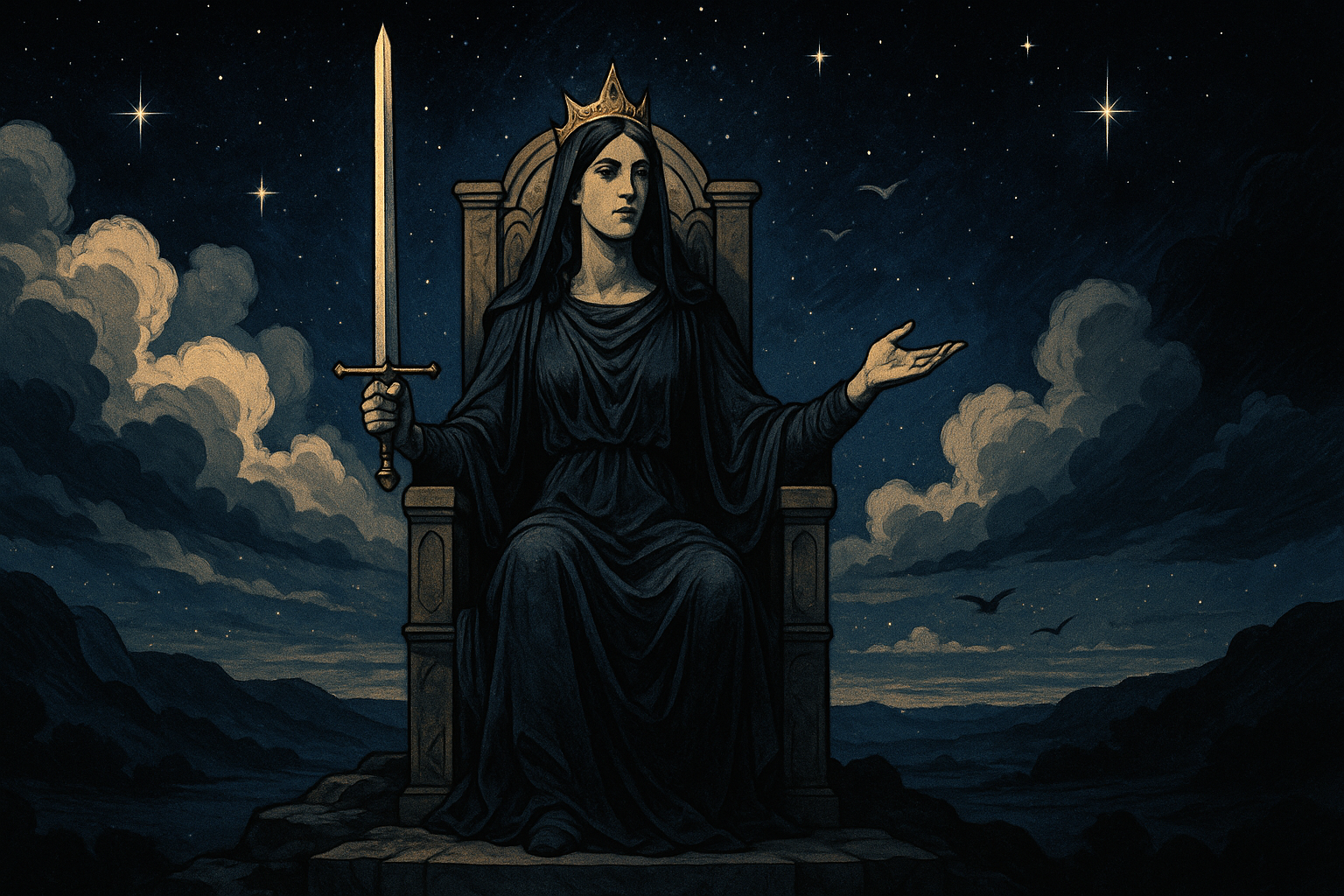 A woman in a white dress sitting on a stone throne, holding an upright sword, with clouds and birds in a clear sky behind her